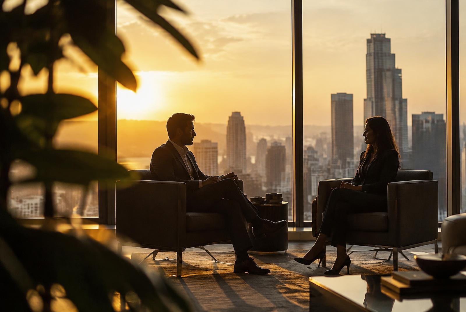 Two people in conversation beside tall windows overlooking the city at sunset