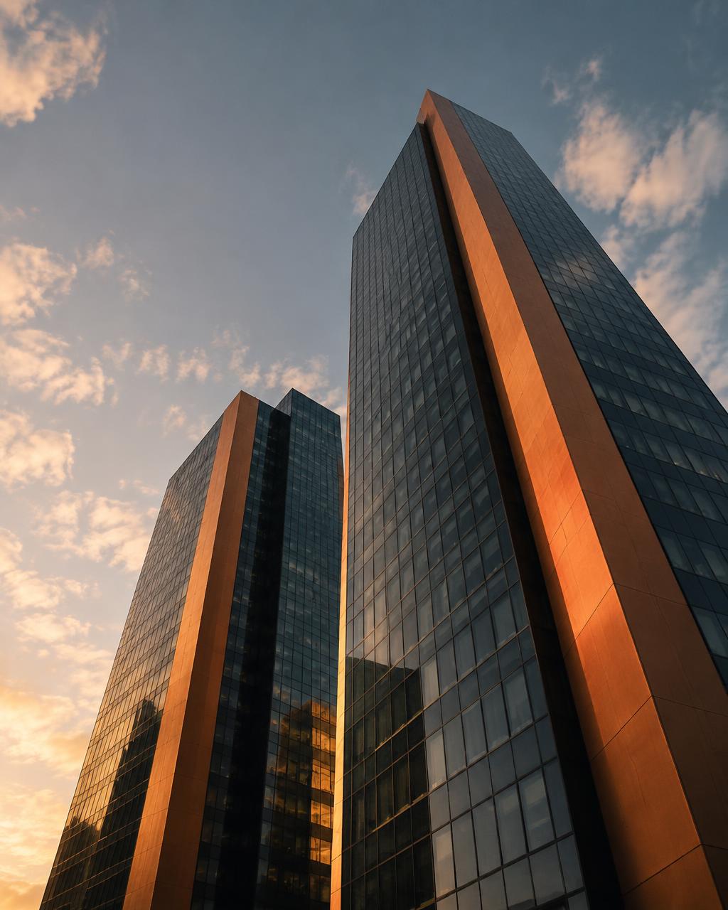 Looking up at glass towers with warm panels catching late sunlight
